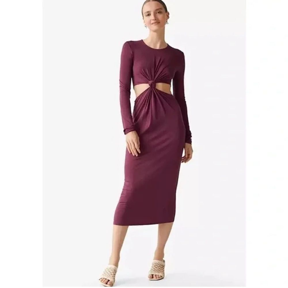 & Other Stories Cut Out Waist Long‎ Sleeve Fitted Midi Dress Burgundy Maroon M
